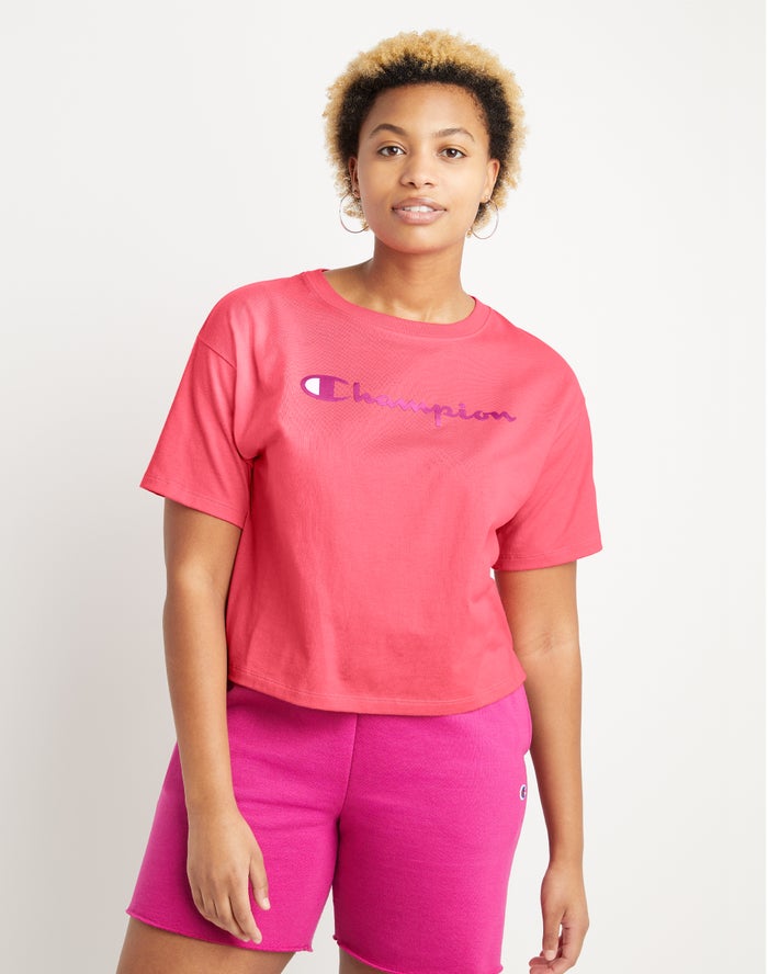 Champion Womens T-Shirt NZ - Cropped Script Logo Coral ( 5083-UTIAF )